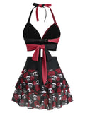 [Prévente] Maillot de Bain à Jupe Dos Nu Gothique Tête de Mort Rose Noir et Bleu années 80 7