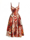 Robe Bustier Imprimé Baroque Floral Rouge années 50