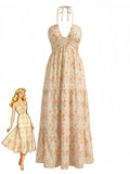 Robe Vacances Dos Nu Floral Orange années 40