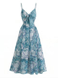 [Prévente] Robe à Bretelles Bohème Col en V Floral Aquarelle Bleu années 30