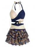 [Prévente] Maillot de Bain à Jupe Dos Nu Gothique Tête de Mort Rose Noir et Bleu années 80