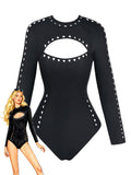 Maillot de Bain Manches Longues Ajouré Uni Noir années 50