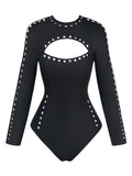 Maillot de Bain Manches Longues Ajouré Uni Noir années 50 2