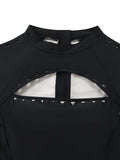 Maillot de Bain Manches Longues Ajouré Uni Noir années 50 5