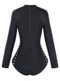 Maillot de Bain Manches Longues Ajouré Uni Noir années 50 3