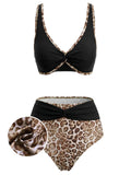 [Prévente] Ensemble Bikini Torsadé Devant Imprimé Léopard Noir années 30