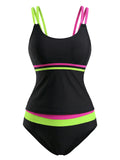 Ensemble Tankini Double Bretelles Colorblock Néon Noir années 40 2