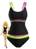 Ensemble Tankini Double Bretelles Colorblock Néon Noir années 40