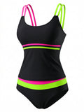 Ensemble Tankini Double Bretelles Colorblock Néon Noir années 40 3