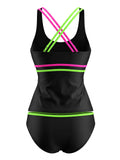 Ensemble Tankini Double Bretelles Colorblock Néon Noir années 40 4