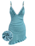 [Prévente] Maillot de Bain à Jupe Perlé Dentelle à Volants Turquoise années 60