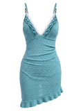 [Prévente] Maillot de Bain à Jupe Perlé Dentelle à Volants Turquoise années 60 2