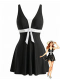 Ensemble Tankini Bicolore Nœud Noir et Blanc années 50