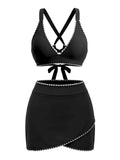 2PCS Ensemble Bikini Dos Croisé Bordure Contrastée et Paréo Bleu années 50 6