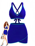 2PCS Ensemble Bikini Dos Croisé Bordure Contrastée et Paréo Bleu années 50