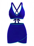 2PCS Ensemble Bikini Dos Croisé Bordure Contrastée et Paréo Bleu années 50 2