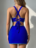 2PCS Ensemble Bikini Dos Croisé Bordure Contrastée et Paréo Bleu années 50 3