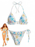 Ensemble Bikini à Volants Dos Nu Imprimé Étoile de Mer Bleu années 50