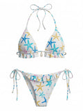 Ensemble Bikini à Volants Dos Nu Imprimé Étoile de Mer Bleu années 50 2