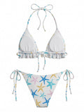 Ensemble Bikini à Volants Dos Nu Imprimé Étoile de Mer Bleu années 50 3