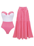 2PCS Maillot de Bain Une Pièce Bustier Rayé et Paréo Rose années 40