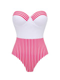 2PCS Maillot de Bain Une Pièce Bustier Rayé et Paréo Rose années 40 2