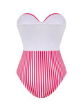 2PCS Maillot de Bain Une Pièce Bustier Rayé et Paréo Rose années 40 3