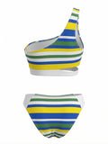 Ensemble Bikini Asymétrique Découpé Rayé Bleu années 40 3