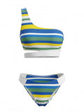 Ensemble Bikini Asymétrique Découpé Rayé Bleu années 40 2