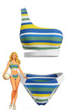 Ensemble Bikini Asymétrique Découpé Rayé Bleu années 40