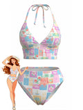 Ensemble Bikini Dos Nu Col en V Floral Carreaux Rose années 60