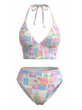 Ensemble Bikini Dos Nu Col en V Floral Carreaux Rose années 60 2