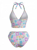 Ensemble Bikini Dos Nu Col en V Floral Carreaux Rose années 60 3