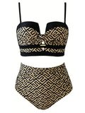 [Prévente] Ensemble Bikini Torsadé Imprimé Géométrique Noir et Doré années 50