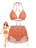 Ensemble Bikini Dos Nu Floral et Paréo Orange années 70
