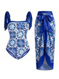 [Prévente] Maillot de Bain Une Pièce Imprimé Tie-Dye et Paréo Bleu années 70