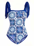 [Prévente] Maillot de Bain Une Pièce Imprimé Tie-Dye et Paréo Bleu années 70 2