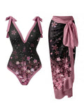 [Prévente] 2PCS Maillot de Bain Une Pièce Fleur de Cerisier et Paréo Rose années 50