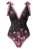 [Prévente] 2PCS Maillot de Bain Une Pièce Fleur de Cerisier et Paréo Rose années 50 2