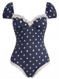 [Prévente] Maillot de Bain Une Pièce Dentelle à Pois Bleu Marine années 50