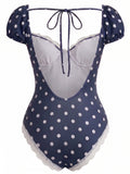 [Prévente] Maillot de Bain Une Pièce Dentelle à Pois Bleu Marine années 50 2