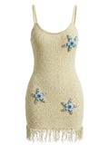 Paréo de Plage Tricot Perles Jaune années 60 2