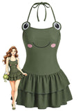 [Prévente] Maillot de Bain à Jupe à Volants Dos Nu Imprimé Grenouille Vert années 50