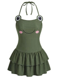 [Prévente] Maillot de Bain à Jupe à Volants Dos Nu Imprimé Grenouille Vert années 50 2