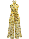 Yellow 1950s Floral Halter Jumpsuit