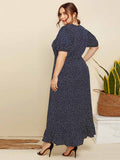 [Plus Size] Dark Blue 1930s V-Neck Polka Dot Dress