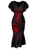 Black 1930s V-Neck Blood Handprint Fishtail Dress