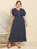 [Plus Size] Dark Blue 1930s V-Neck Polka Dot Dress