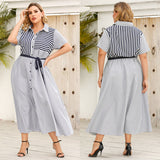[Plus Size] Light Blue 1930s Stripe Shirt Dress