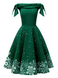 Red 1950s Off-shoulder Snowflake Dress